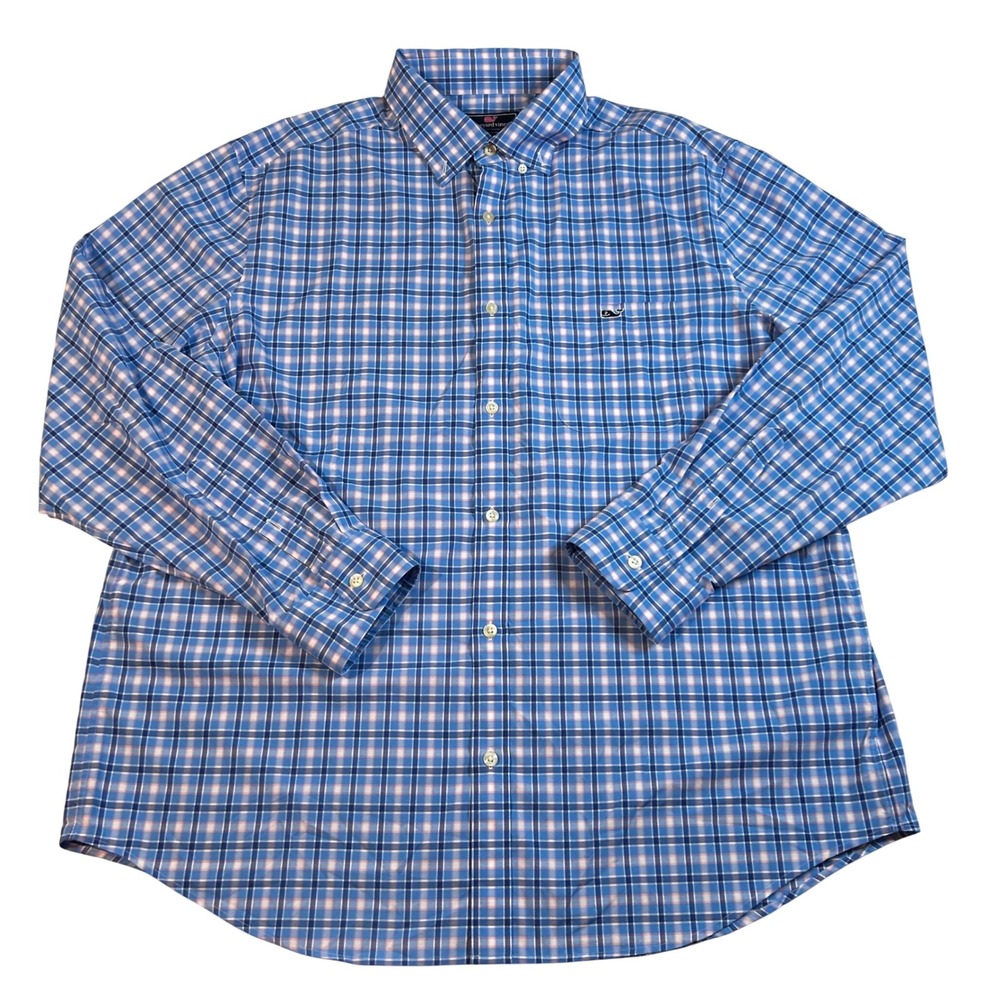 Vineyard Vines Classic Fit Tucker Shirt‎ Mens XL Blue Plaid Whale Preppy Stretch